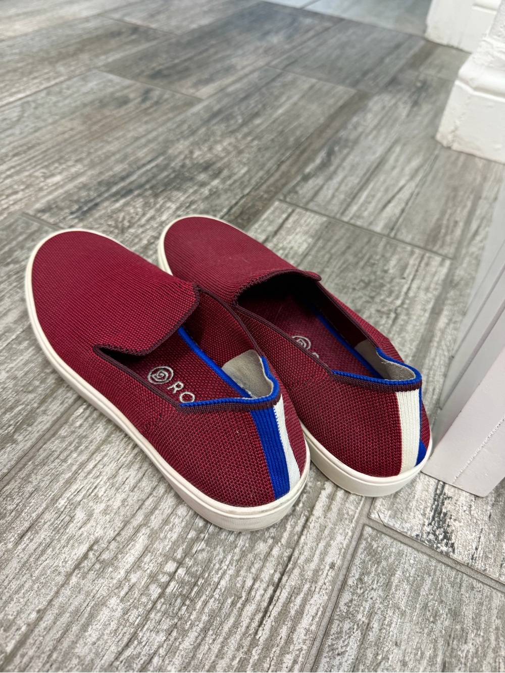 Rothy's Burgundy Slip-On Sneakers with Blue & White Stripe